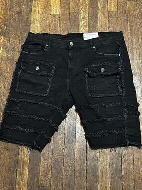 FWRD Denim Noir Patchwork Frayed Distressed Cargo Shorts Size 36